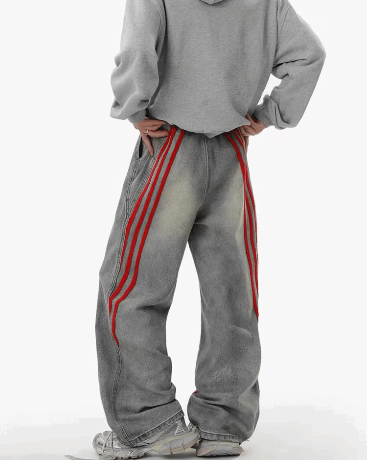 Washed Grey Baggy Denim with Triple Red Stripe