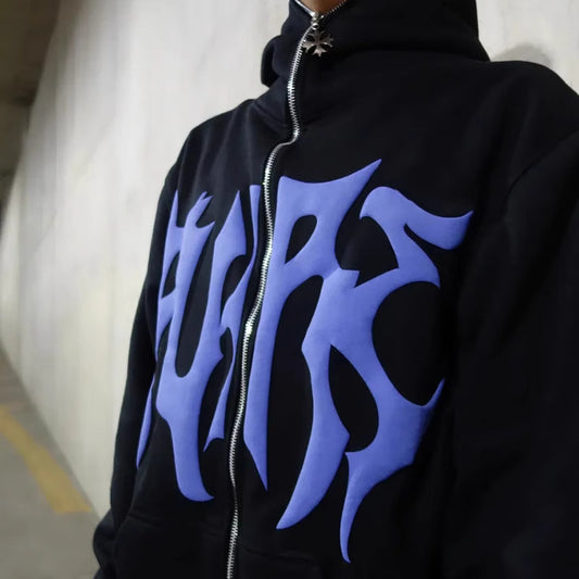 ⭐ Hellcore Flame Zip-Up Hoodie – Midnight Blue Edition