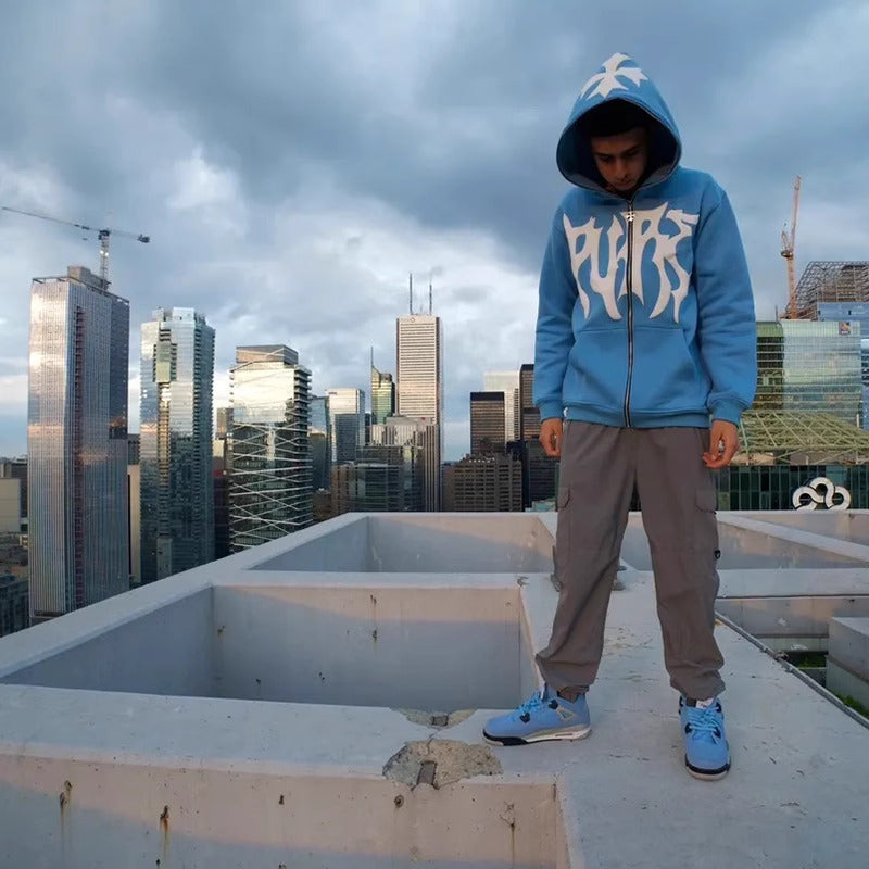 ⭐ Hellcore Flame Zip-Up Hoodie – Midnight Blue Edition