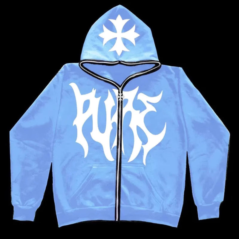 ⭐ Hellcore Flame Zip-Up Hoodie – Midnight Blue Edition