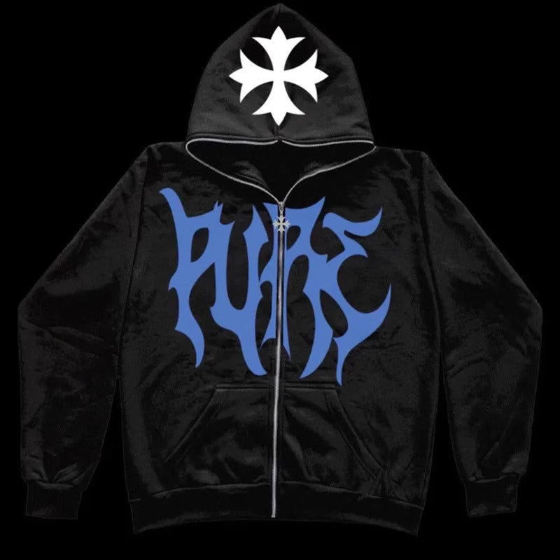 ⭐ Hellcore Flame Zip-Up Hoodie – Midnight Blue Edition